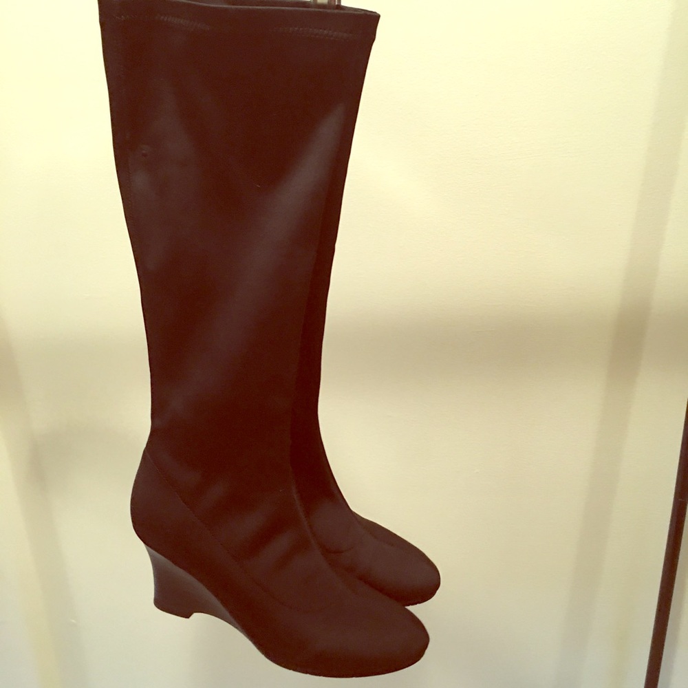 Black knee high stretchy wedge boots. Size 8 1/2